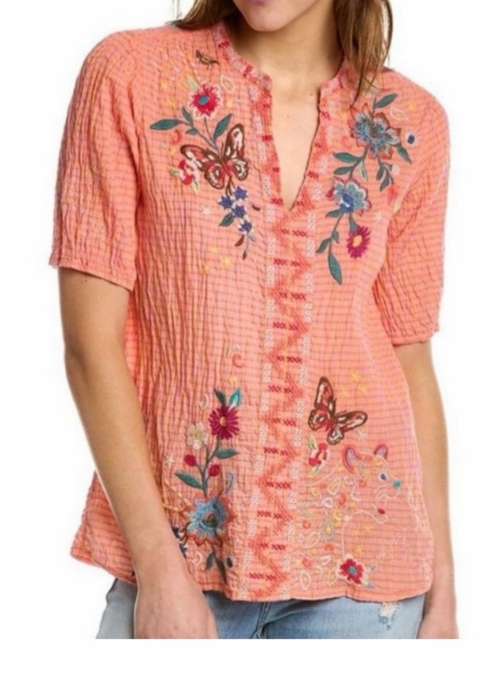 Johnny Was Linda Coral Embroidered Split-Neck Puff Sleeve Blouse